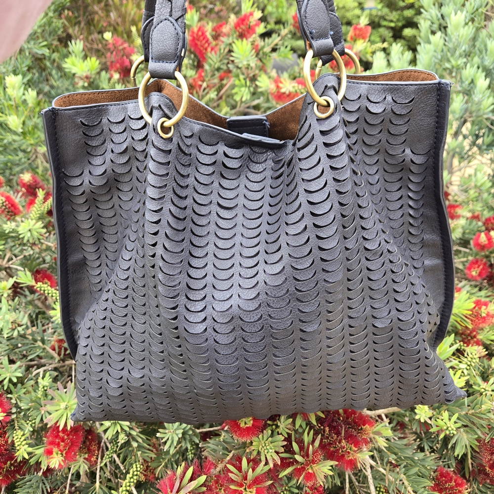 Anthropologie Navy Blue Laser Cut Perforated Woven Tote Bag Purse XL